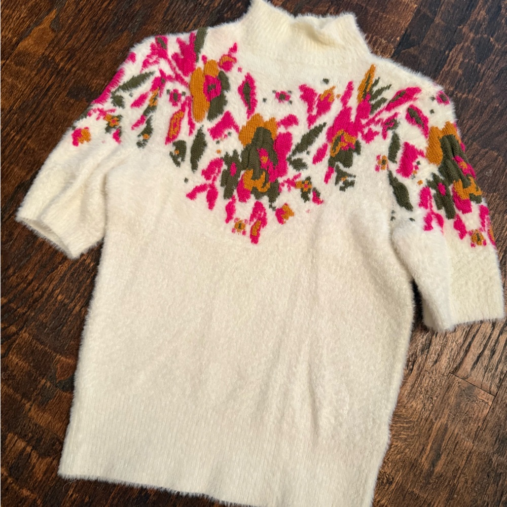 Anthropologie Cream Sweater with Vibrant Floral Accents